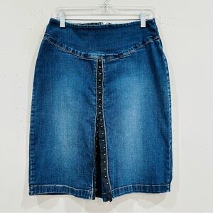 Arden B. Vintage Y2K Denim Pencil Skirt with Hook-and-Eye Front Slit, Size 8 USA